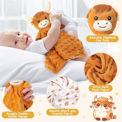 Image of Loveys for Babies,Soft Baby Security Blanket for Newborn Infant Toddler Snuggle Toy Stuffed Animal,Lovey Highland Cow Security Blankets Baby Unisex for Gifts(Highland Cow,12.2in)
