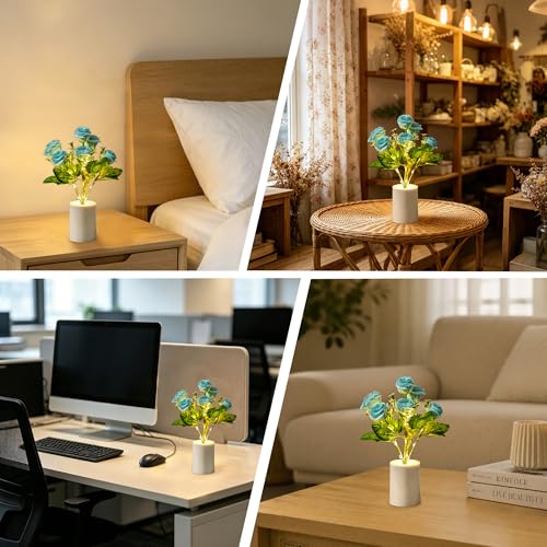 Image of Artificial Blue Rose Flower Lamp, LED Table Night Light Decor for Bedroom Bar Coffee Shop, Anniversary Mothers Day Christmas Birthday Gifts for Women Mom Girlfriend Wife Aunt Friend Granddaughter