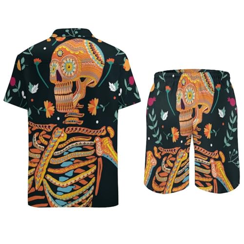 Ensemble 2 Pièces Fleur Squelette Chemise Hawaïenne Légère et Short de Plage