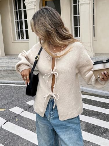 ZAFUL Women's Tie Front Cardigan Sweater Knotted Long Sleeve Knitwear Frenchy Oversized Cardigan3