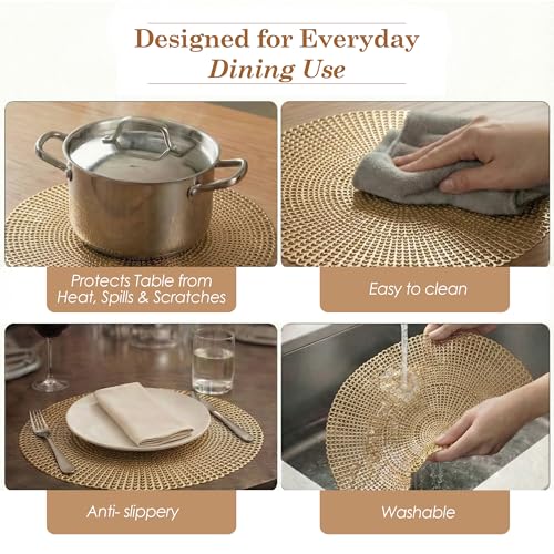 Image of Kuber Industries 4 Pcs Set Leather Side Table Mats | Washable Placemat /Dining Table Mat for Wedding and Family Functions | Chain Design Round - Copper
