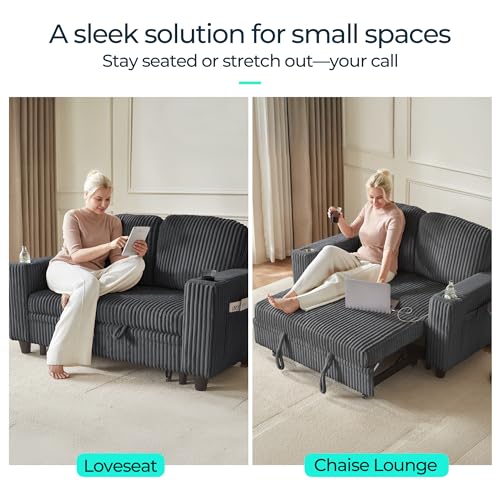 Image of LINSY HOME Sectional Sleeper Sofa Pull Out Couches for Living Room (Grey, Pull Out Couch) | Pull Out Sofa Bed, Storage, USB Charging, Cup Holders, Plush Corduroy