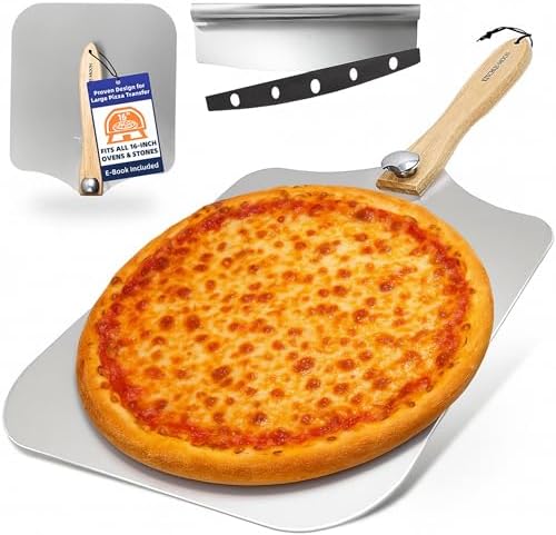 Large Pizza Peel 16 inch - Extra Large Metal Pizza Peel with 14 inch Stainless Steel Pizza Cutter Rocker, Pizza Paddle with Folding Handle (13"x16" with 14" Cutter)