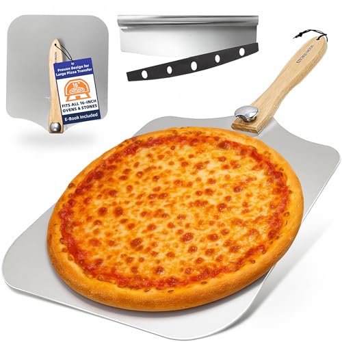 KITCHUS MOON Large Pizza Peel 16 inch - Extra Large Metal Pizza Peel with 14 inch Stainless Steel Pizza Cutter Rocker, Pizza Paddle with Folding Handle (13x16 with 14 Cutter)