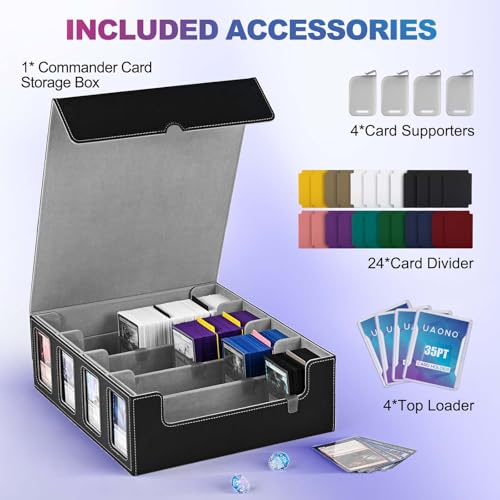 Image of UAONO Trading Card Storage Box with Commander Display; 2400+ Deck Box for MTG with Removable Cover; Top Loaders Card Case fits Magic TCG PTCG Sports Cards; 24 Dividers, 4 Stoppers (Black, Grey)