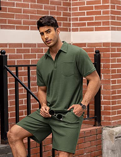 COOFANDY Men's Waffle Knit Polo Shirt and Shorts Set 2 Pieces Outfits Summer Suit Casual Tracksuit with Pockets3