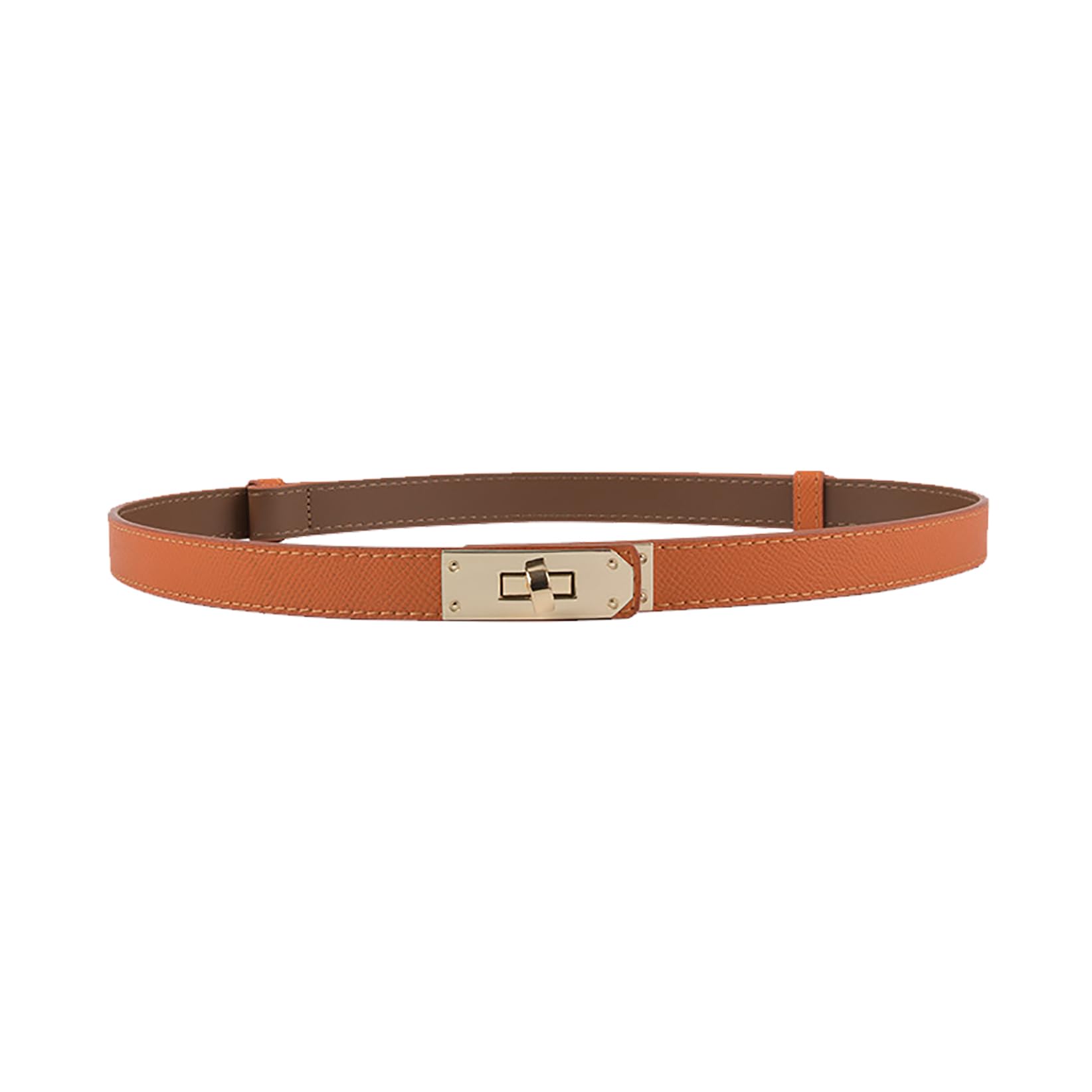 Women's Skinny Leather Belt with Adjustable Silver Turn-Lock Buckle - Ideal for Dresses, Jeans, and Coats, Black, Orange/Gold, Standard