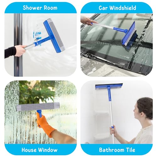 Image of Window Cleaner Tool for Home with 20''-30'' Extension Pole, Squeegee for Car Windshield Cleaning, Glass Washer for Shower Doors, Mirror