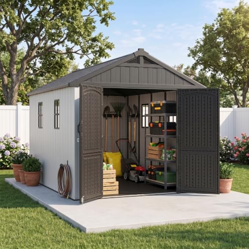 Image of Greesum 8x12 FT Resin Outdoor Storage Shed with Floor, Beige