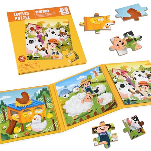 ASTARON Puzzles magnétiques pour Enfants, 12-16-20 pièces Puzzles d'apprentissage de la Ferme de Vache et de Poule pour Les Voyages en Voiture, Jouets de...