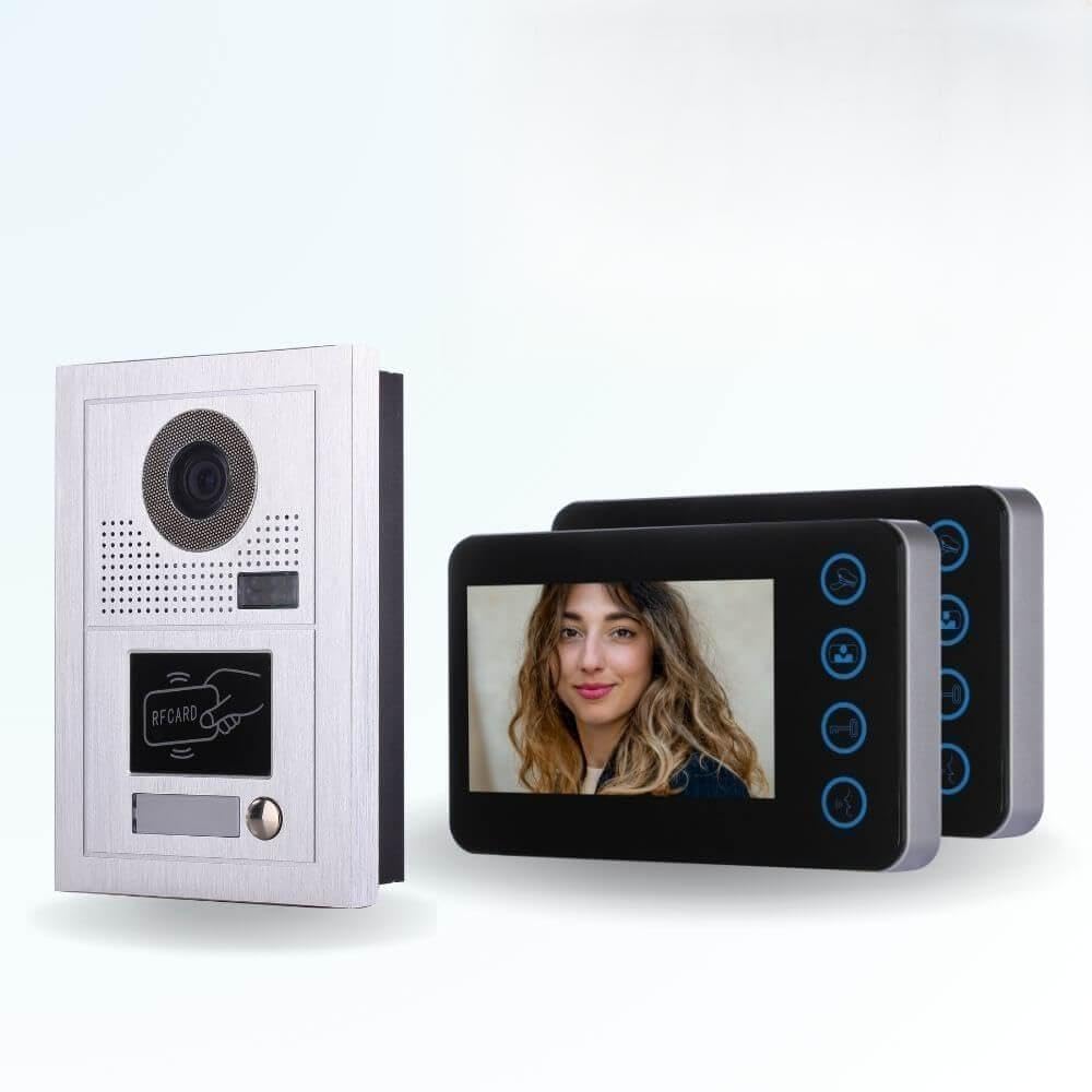 Portier interphone vidéo Modern 2 Fils - 1 Appartement - 2 écrans Noirs - avec Lecteur de Badge