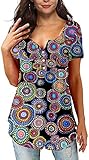 Roshop Women's Shirts and Blouses Short Sleeve Button Up Tunic Tops (Mutiple-Colorful, XXL)