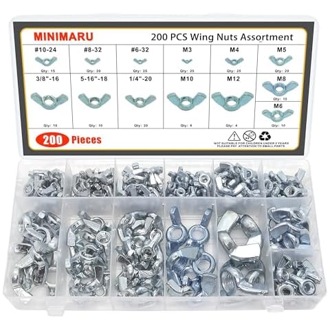 200 PCS Butterfly Wing Nuts Assortment Kit, SAE Metric 13 Sizes Carbon Steel Wing Nuts Fasteners, 1/4"-20, 5/16"-18, 3/8"-16, #6, #8, #10, M3, M4, M5, M6, M8, M10, M12 Cover