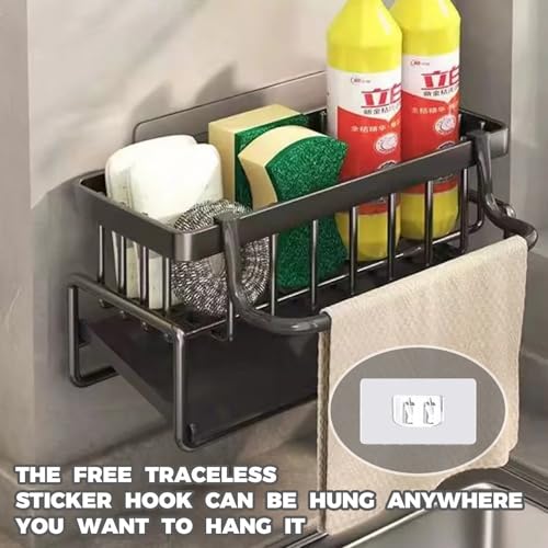 JJIW Sink Caddy, Kitchen Sink Organiser with Hook (Punch-Free Installation), Kitchen Accessories - Stainless Steel Dishcloth Sponge Holder for Kitchen Storage & Organisation(Black) - Image 4