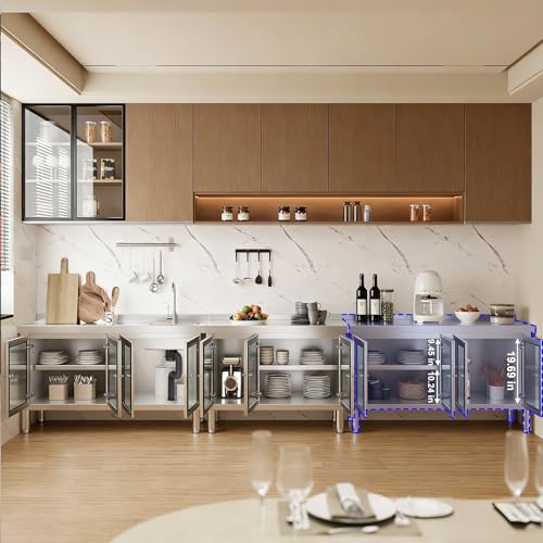 Image of 59 inch Stainless Steel Table Cabinet Heavy Duty Prep Table with 304 Stainless Steel Worktop and 4 Glass Doors Commercial Worktable Workbench with Storage Cabinet for Kitchen Garage Restaurant Outdoor