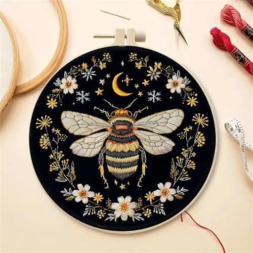 Image of Huacan Embroidery Kit for Beginners Adults Includes Stamped Pattern, Hoop, Color Threads,Tools,Easy to Follow Instruction (Dragonfly)