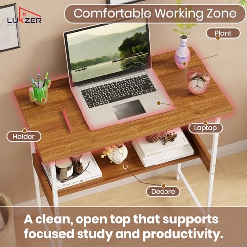 Image of Lukzer Study Desk with Open Storage Shelf | MST-004S /White & Oak Brown | Durable Metal & Wooden Study Table for Home & Office | Space-Saving Laptop /Computer Workstation for Students & WFH(75x40x75 cm)