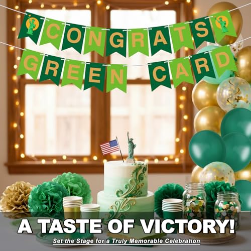 Image of RoundFunny 45 Pcs Green Card Themed Party Decorations Pre-strung Congrats Permanent Resident Banner Green Gold Confetti Balloons and Pom Poms for Immigration Success Celebration