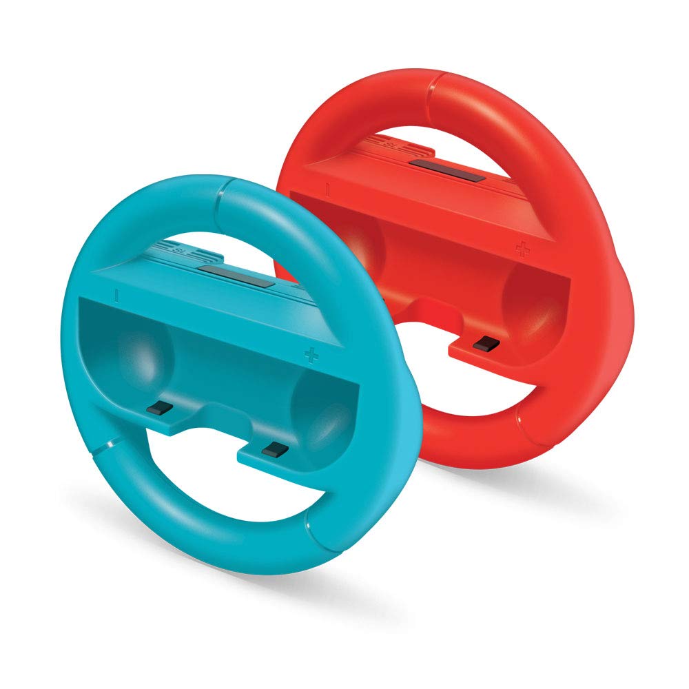 Red and blue racing wheel attachments for Joy-Cons