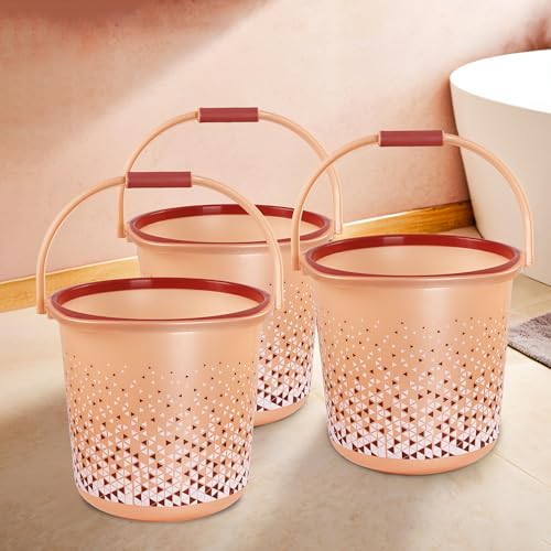Image of Kuber Industries Pack of 3 Water Bucket for Washing Clothes with Handle | 24 Litres Bathing Balti for Bathroom | Water Storage Container - Essential for Household Chores | Tined- Brown