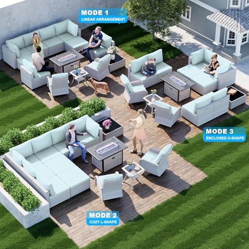 Image of 13-Piece Patio Furniture Set, Outdoor Patio Furniture with Swivel Chairs Set, Ottomans, 55,000 BTU Fire Pit Table, Modular Patio Sofa, Dual-Strand Wicker Rattan, Rust-Resistant Frame, Light Blue