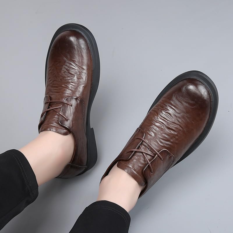 HOOENG Oxford Shoes for Men Lace Up Round Burnished Toe Faux Leather Derby Shoes Block Heel Low Top Non Slip Resistant Classic(Color:Brown,Size:9)3