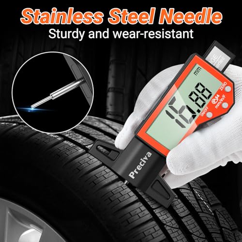 Image of Preciva Tire Tread Depth Gauge, Digital Tire Depth Gauge with Large LCD Display and Inches, Millimeters, Fraction Conversion, Tread Depth Gauge Suitable for Thread Depth, Brake Shoe and Pad Wear