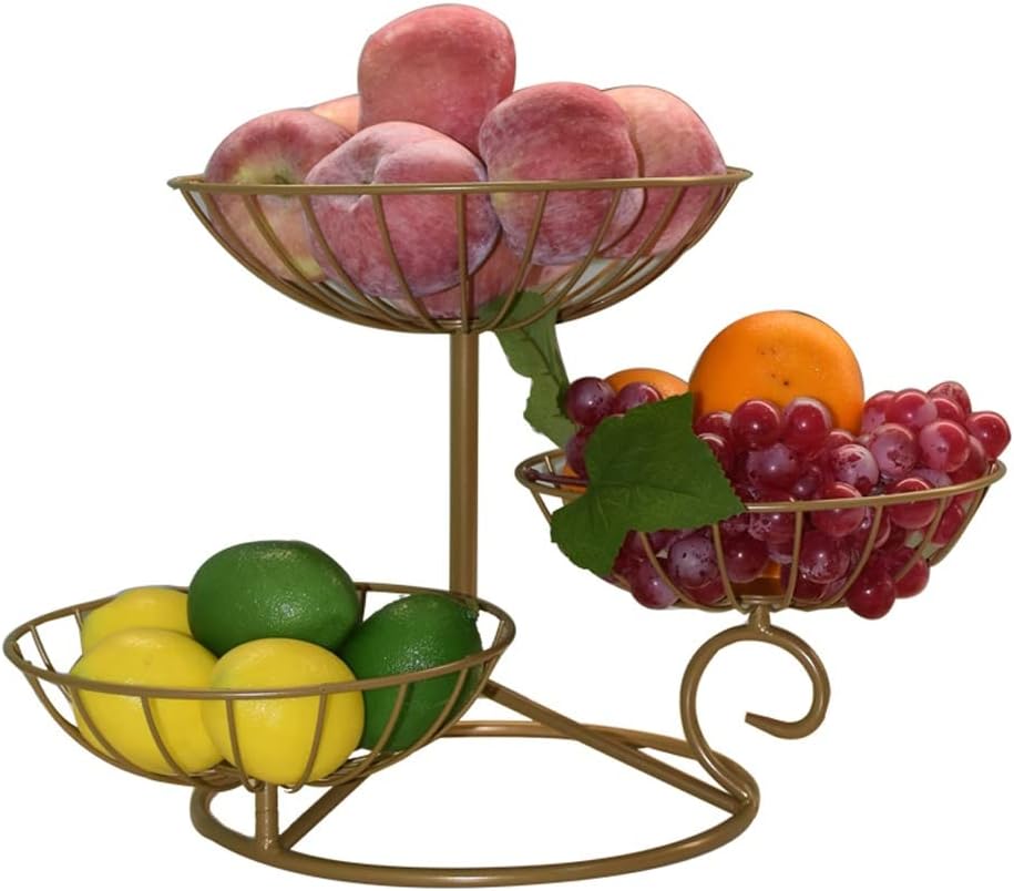 Fruit Basket 3-Tier Fruit Bowl, Metal Wire Fruit Basket Standing Baskets for Fruit, Vegetable, Bread, Snacks Desktop Storage (Bronze)
