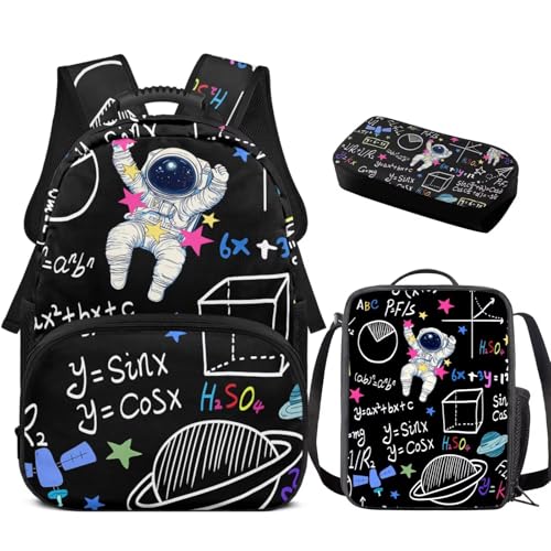 Arithmetic Spaceman Backpack Sets for School Boys 3 Pcs Bookbag for Boys 4-6 Large Capacity School Bag with Lunch Bag for Primary Students Knapsack
