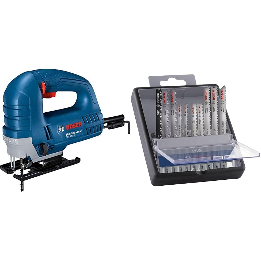 Bosch Professional Stichsäge GST 8000 E (inkl. 1x Sägeblatt T144 D, Spanreißschutz) + 10x PRO Hardwood and Laminate Stichsägeblatt-Set, 10-tlg. (für Hartholz, Parkett, Länge 83 mm, Zubehör Stichsäge)