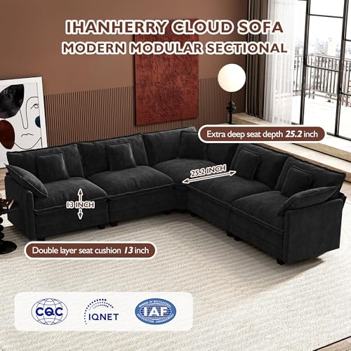 Image of Ihanherry 114 inch V-Shaped Modern Sofa Modular Sectional Cloud Couch with Corner Section, 5-Seat Chenille Deep Seat Sofa with 5 Pillows for Living Room, Bedroom and Apartment, Black