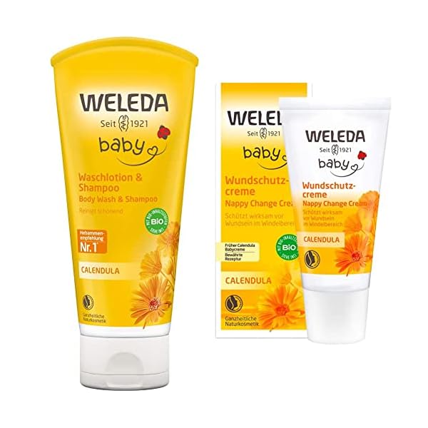 WELEDA Bio Baby Calendula Waschlotion & Shampoo(1 x 200ml) & Bio Baby Calendula Wundschutzcreme 30ml - Naturkosmetik…