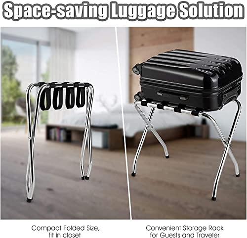Hysache Foldable Luggage Rack, Chrome Bag Suitcase Holder W/Nylon Straps, No Assembly Required, Durable Folding Bag Holder For Home, Bedroom, Guest Room, Hotel, Silver #TOP3