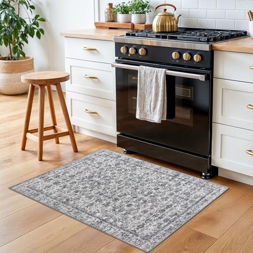 2x3 Grey Blue Washable Rug Soft Area Rug for Entryway, Non-Slip Indoor Door Mat Distressed Floral Low-Pile Kitchen Rugs, Neutral Vintage Carpet for Entrance Kitchen Bedside Farmhouse