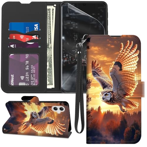 GYSYZJDH for Samsung Galaxy A07 Case Wallet with Screen Protector, Stand PU Leather Flip Folio Cover with Card Holder, Full-Body Protection Phone Case for Galaxy A07, Owl