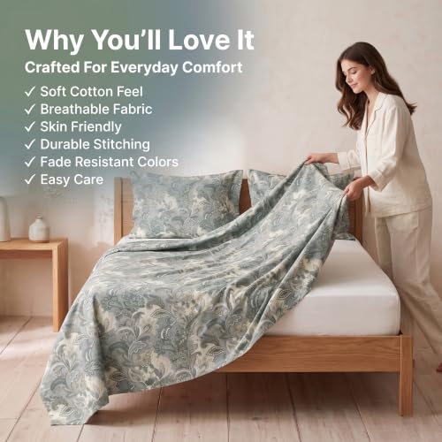 Image of BSB HOME 240 TC Cotton Double Bedsheet with 2 Pillow Covers, Soft & Breathable Bed Sheet for Double Bed, Fade & Wrinkle Resistant, Floral Print, 90 x 100 Inches (228 x 254 cm)-Mineral Gray Botanical