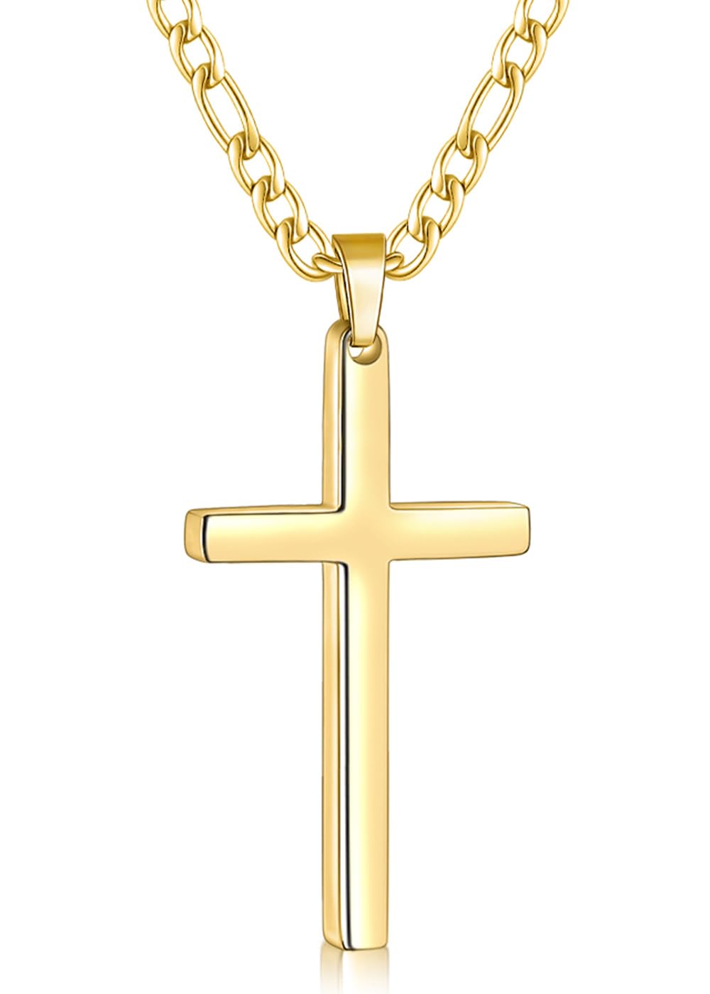 Fiusem Silver Tone Cross Necklace for Men, Stainless Steel Mens Cross Necklaces with 3.5mm Figaro Chain, Pendant Chain 16-24 Inches