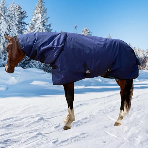Image of Horse Blanket Waterproof Winter Horse Blanket 1200D Ripstop Horse Turnout Blanket Medium Weright Filling with Detachable Neck Cover 81 Navy Blue