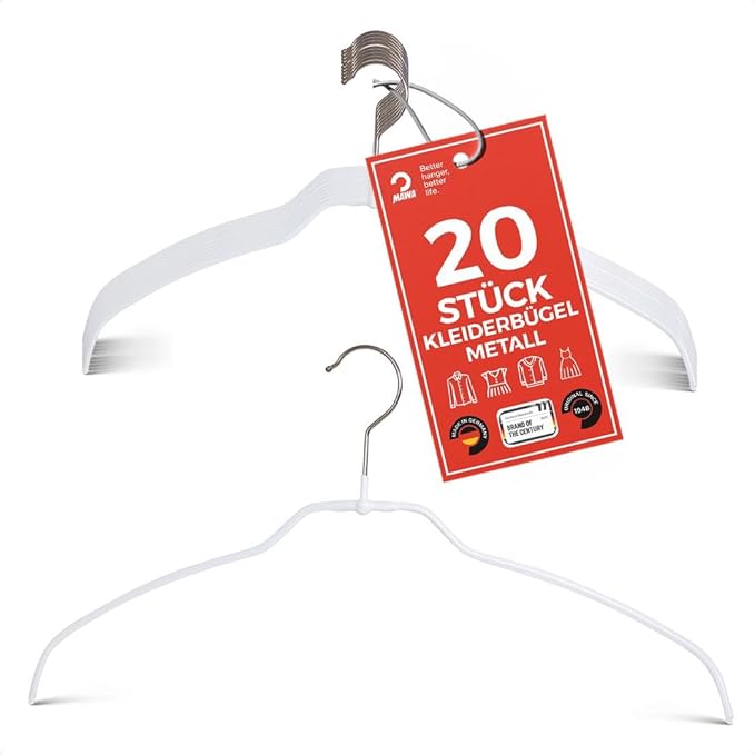 MAWA Kleiderbügel Light, Set mit 20 50% platzsparenden und rutschfesten Bügeln, ideal für Hemden und Blusen, mit 360° drehbarem Haken und Antirutschbeschichtung, 42 cm, Weiß