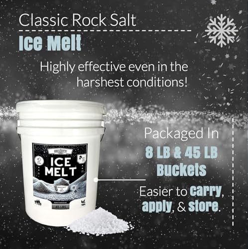 Rock Salt Ice Melt Pail Effective to -25°F, Eco-Friendly De-Icer, Optimal Granule Size for Quick Melting, Ideal for Driveways, Walkways, and Entryways 45 lb Pail