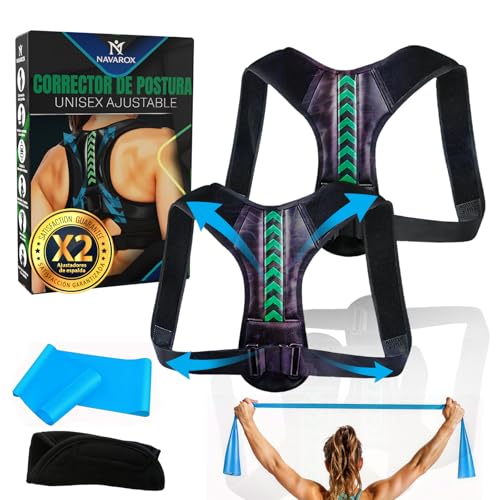 NAVAROX® | SUPER KIT x2 Corrector Postura Espalda PREMIUM | Ajustable 68-91cm TALLA MEDIANA con Almohadillas de Proteccion EXTRAS | Incluye Banda Elastica y Guia PDF Ejercicios en Casa