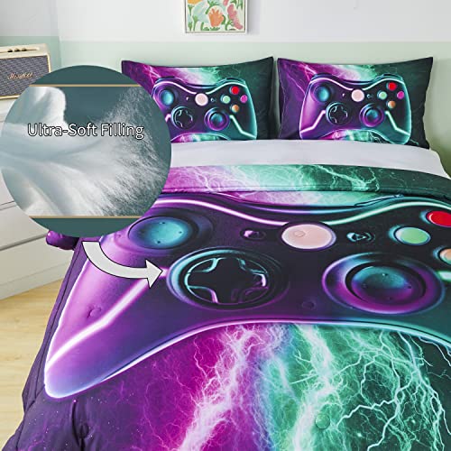 Rynghipy Tie Dye Lighting Design Gamer Comforter Set For Teen Boys Girls, Purple Green Gradient Gaming Bedding Set, Buttons Video Game Down Alternative Comforter For Game Lovers (Purple-Green,Twin) #TOP4