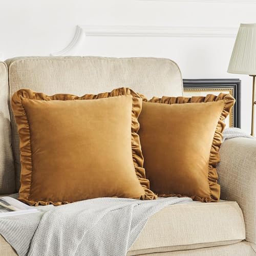 Image of Velvet Brown 16x16 Pillow Covers, Set of 2 Decorative Ruffle Cushoin Pillow Covers for Sofa Couch