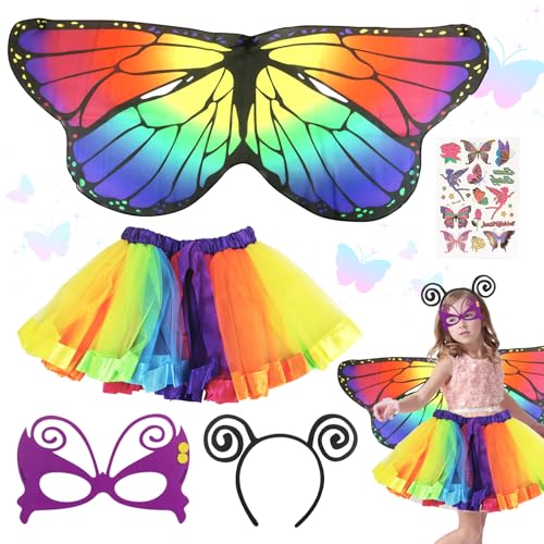 Komicea 5 Stück Schmetterling Kostüm Kinder, Kostüm Kinder Mädchen, Schmetterlingsflügel mit Maske Tutu Rock Tüllrock Haarreif Tattoos Schmetterling Umhang Flügel für Fasching Karneval Cosplay
