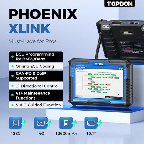 TOPDON Phoenix XLink Scan Tool, ECU Programming, Online ECU Coding, Upgraded of Phoenix Plus, Topology Mapping, 41 Services, Bi-Directional Scanner, Guided Function, CAN FD/DoIP, 2 Years Free Update