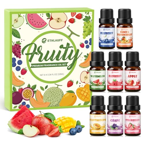 Fruity Fragrance Oil Premium Fruit Essential Oils for Diffuser Candle Soap Making Scents 10ml/0.33fl.oz Apple Cantaloupe Strawberry Grape Fruit Scented Oils for DIY Bath Bombs Making