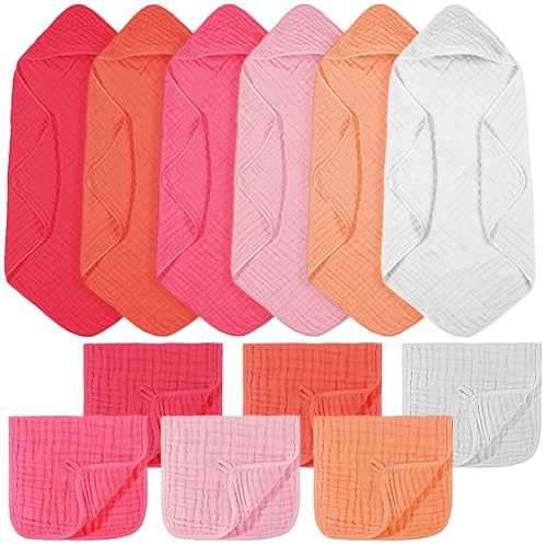 Image of VitalCozy 12 Pcs Baby Muslin Hooded Bath Towels and Washcloths, Muslin Hooded Baby Towels Absorbent Blankets for Gift Newborn Infant Shower (Vibrant Colors)