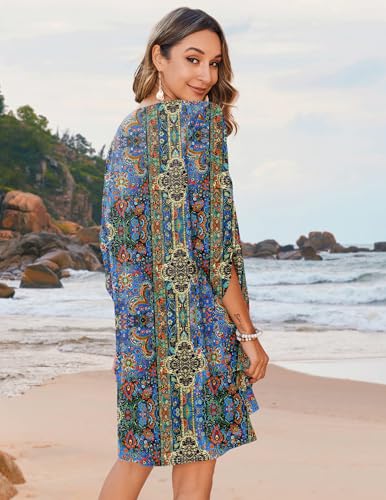 Image of Zeagoo Womens Boho Dresses Casual Beach Summer Dress Tassel Tie Neck 3 /4 Long Sleeve Mini Sundress 2026 Floral Print Cover Up