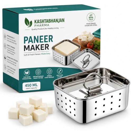 KASHTHABHANJAN PHARMA® Large Stainless Steel Paneer Maker (500 ml) - Square Paneer Maker Mould Press with Lid | Rust Resistant Medium Paneer Strainer - Perfect for Fresh Paneer, Tofu & Sprouts