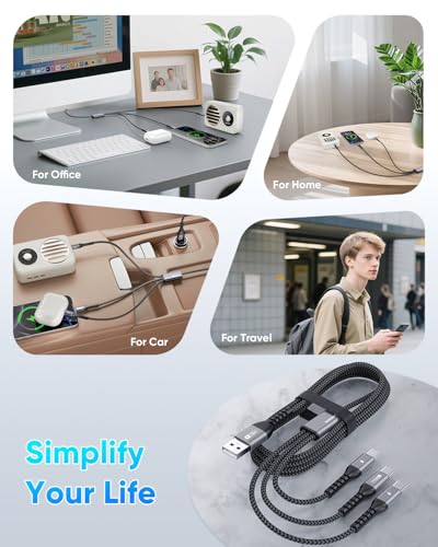 SUNGUY USB C Câble 5FT/1,5M, 3 en 1 Cord multichargeur QC3.0 USB à USB-C Câble avec 3 Ports de type C Nylon tressé pour i-Phone 17/16/15 Series, Galaxy S25 S24, Huawei, Google, Honneur, LG, Comprimés